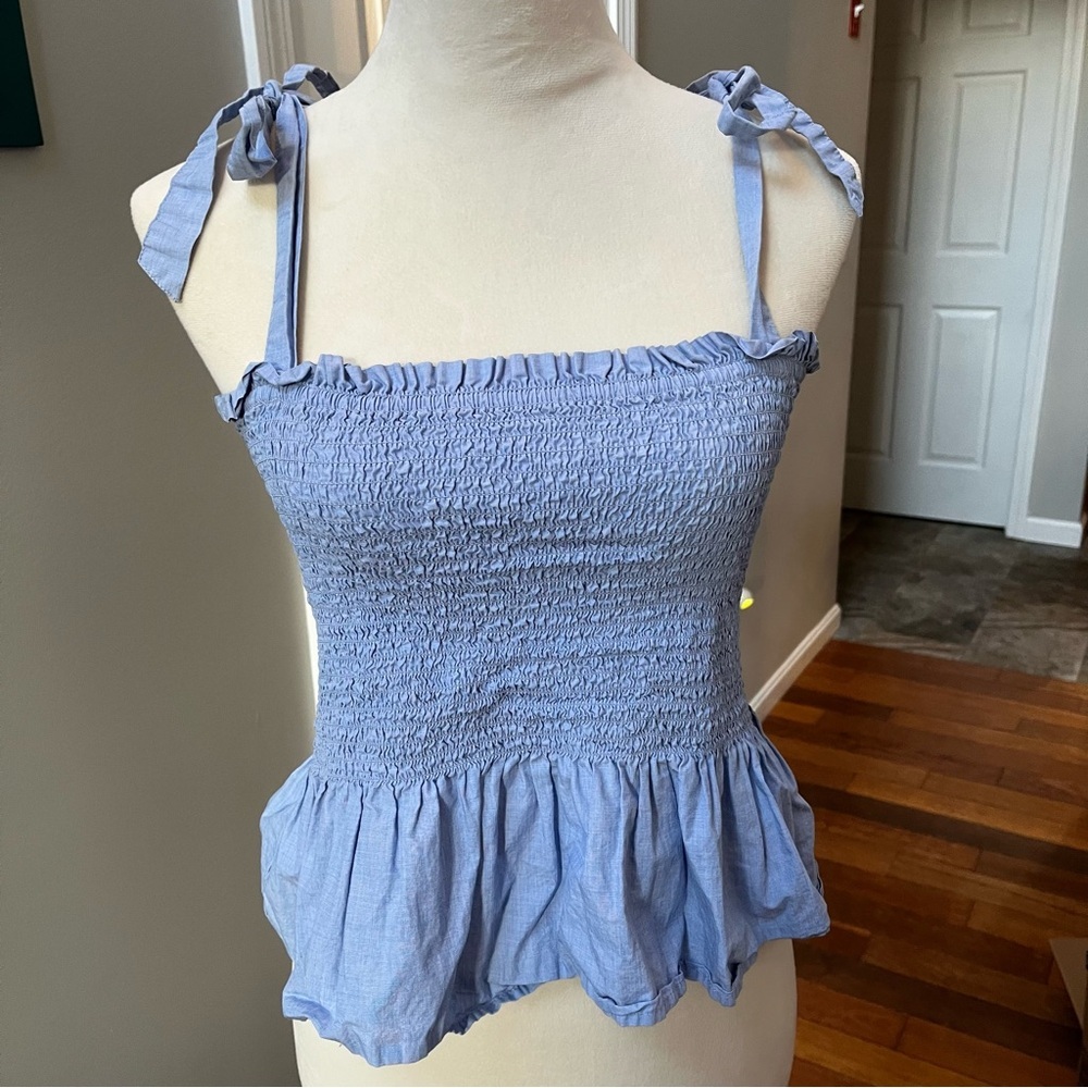 J. Crew Medium Blue Smocked Tie-Shoulder Tank Top Chambray Fabric Stretchy - Picture 4 of 10